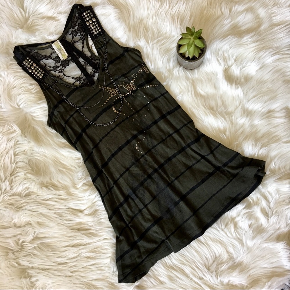 Poema Lace-Back & Chain-Necklace Green Tank Top